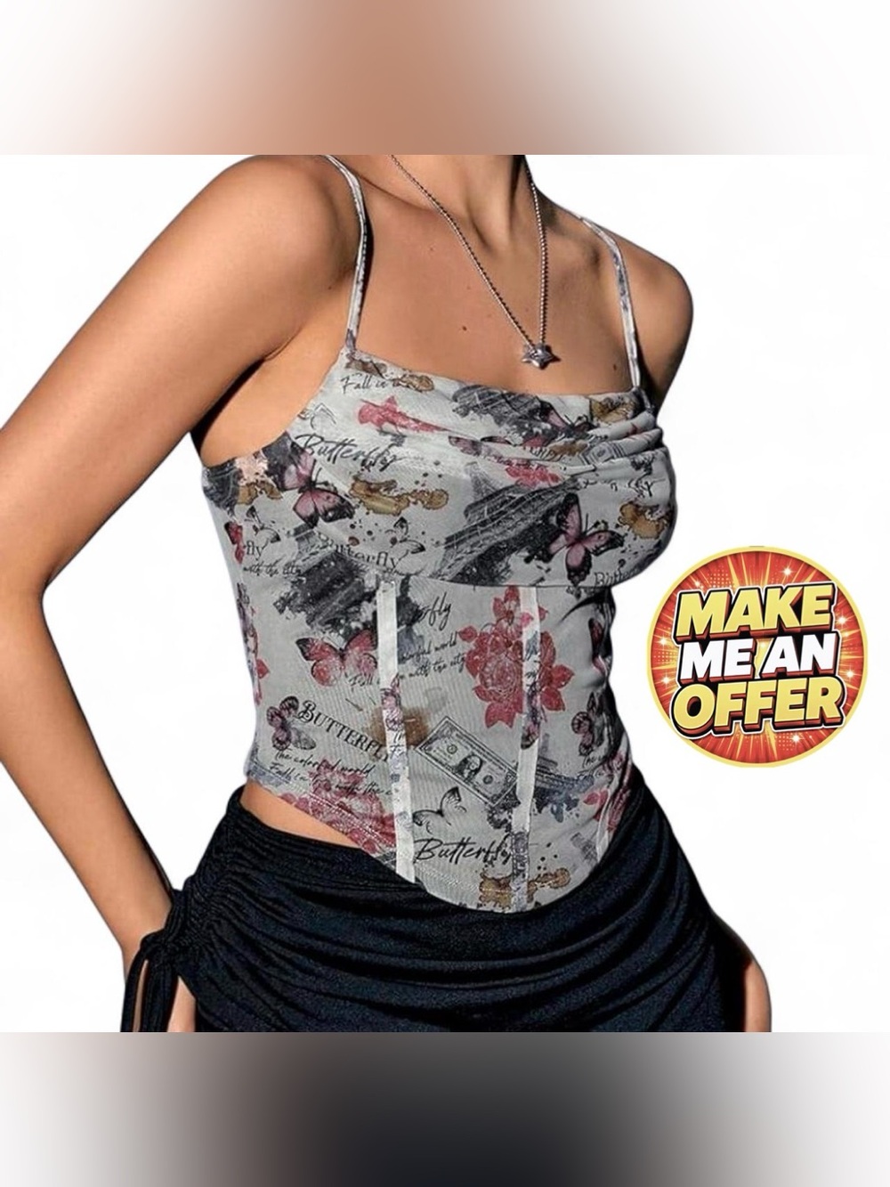 Brand New Butterfly Print Cowl Neck Spaghetti Strap Top - Grey/Pink - SZ L